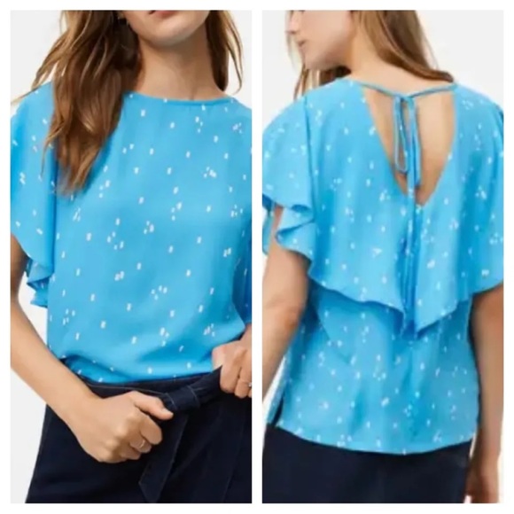 EUC LOFT Blue & White Confetti Print Tiered Flutter Sleeve Blouse - Picture 3 of 15